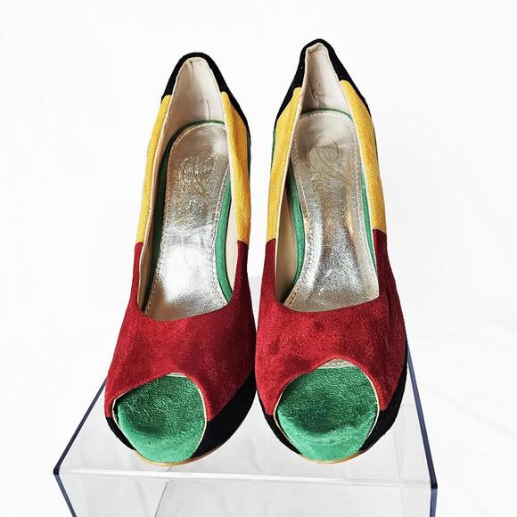 Women's 90's Y2K Reggae Colors Faux Suede Peep Toe Platform Heels Size 6 - Picture 6 of 6
